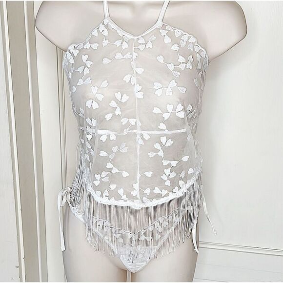 Dreamgirl Embroidered Heart Fringed Babydoll & G-String Panty Set White One Size - Picture 1 of 5